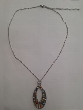 Silver Tone Adjustable Necklace W/ Multi-Color Seed Bead Pendant 17.75-21" NWOT